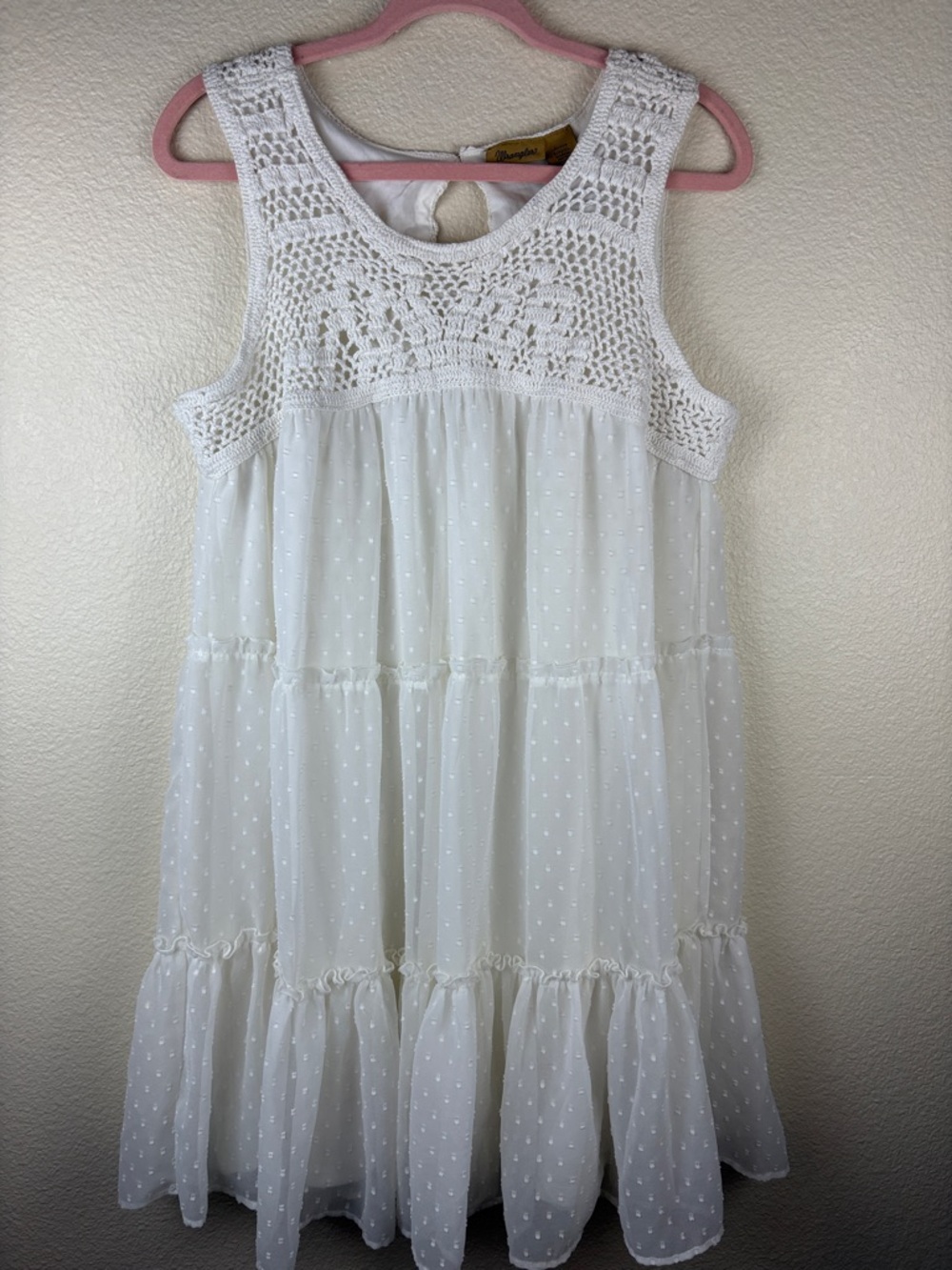 Wrangler Cream Crochet Tiered Sleeveless Mini Dress Swiss Dot Large